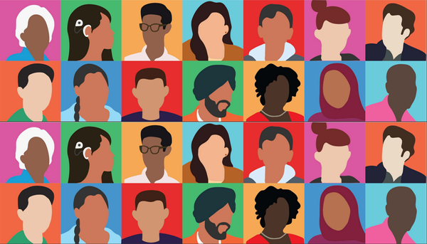 An array of individuals predominantly presenting as racialized are drawn in cartoon with different colour backgrounds.