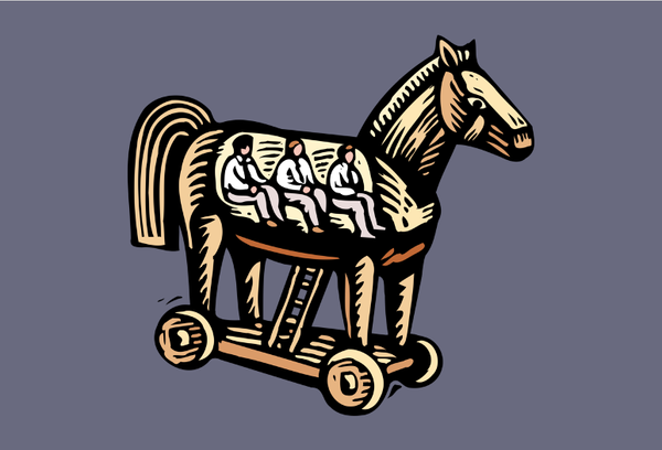 A wooden horse on wheels with three people in business attire riding inside the belly.
